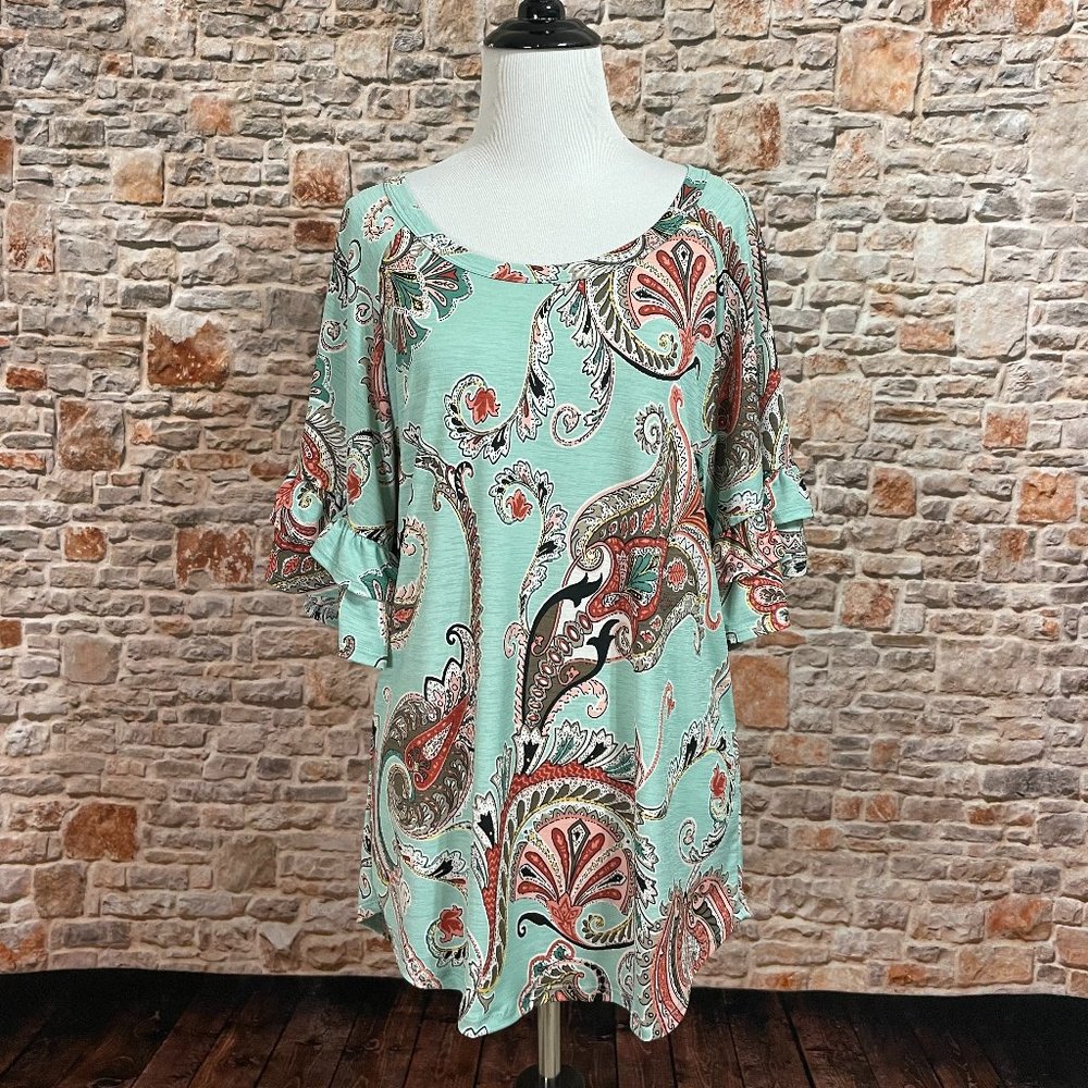NWT Painted Paisley Ruffle Sleeve Top